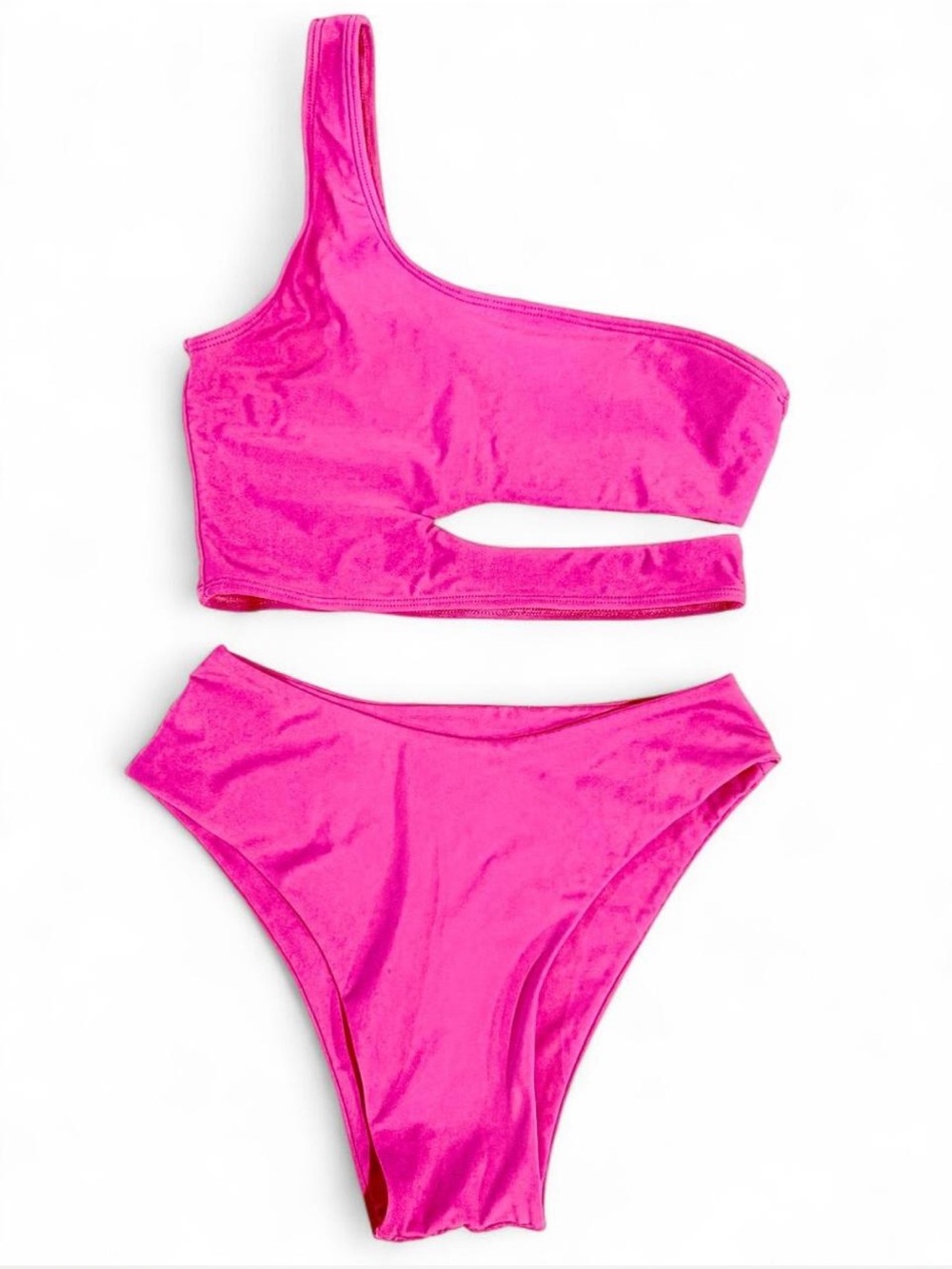 NWOT Zaful One-Shoulder Cutout High-waisted Bikini Set in Neon Hot Pink Size S
